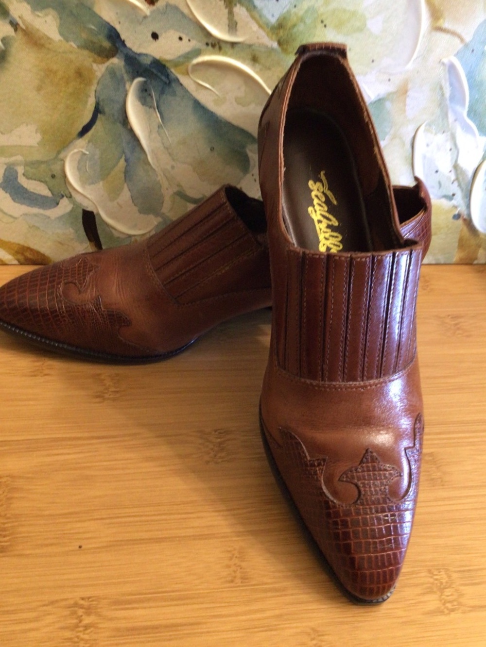 Vintage Pointed Toe Booties Brown Leather Slip On Western Style Ankle Boots Sz 7